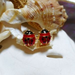 14k Gold Ladybug Earrings Red Black Enamel 1.01g